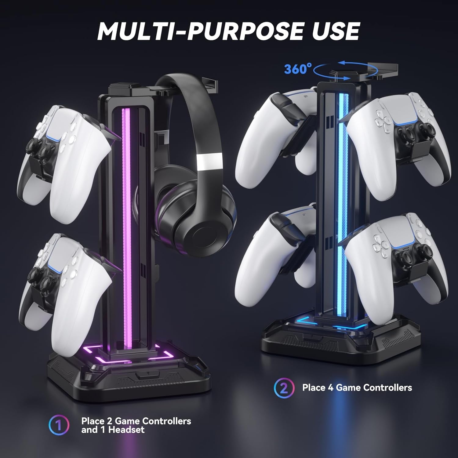 RGB Headset /Controller Holder for Desk - Rotatable Headphone Stand & Detachable Controller Hook for PC Earphone Accessories(Black)