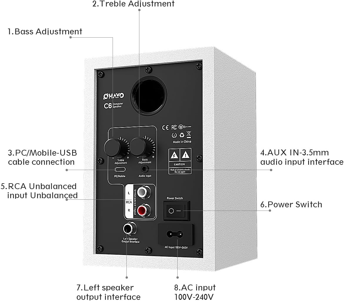 60W Desktop Computer Speakers with Bluetooth 5.3, Stereo 2.0, White