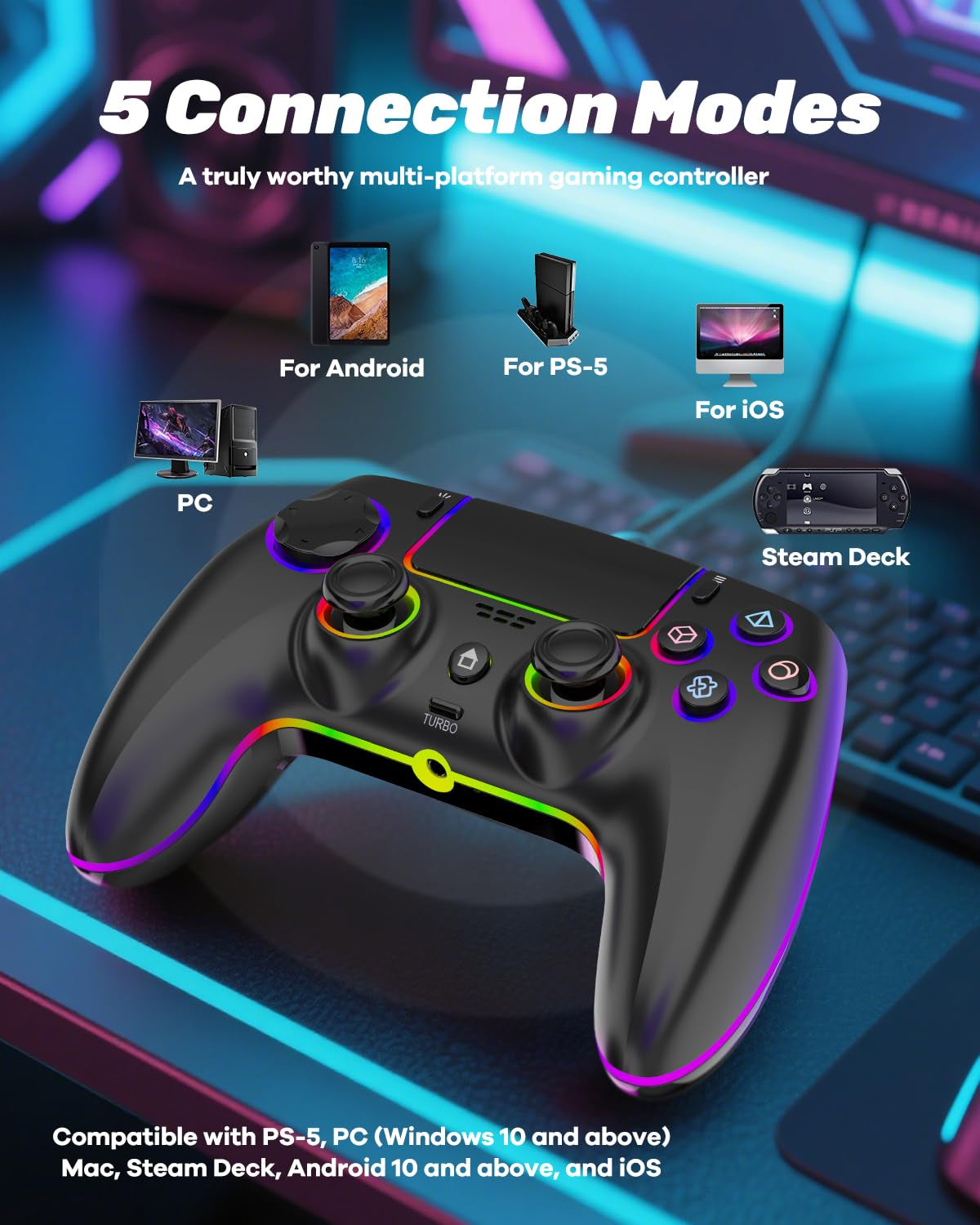 Wireless Pro Controller for PS5, PC, Mac, iOS, Android, and Steam Deck, RGB Gamepad with Hall Effect Joysticks, Dual Vibration, Turbo and Programmable Buttons, Touchpad, 3.5mm Audio Jack, 1500mAh Battery