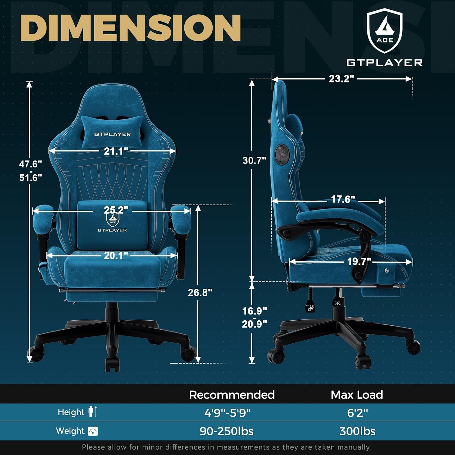 ACE-PRO Music Gaming Chairs – Built-In Speakers, App Support & Bluetooth Control, Computer Game Chairs with Footrest for Adults, Ergonomic Reclining Silla, Linkage Armrest, Blue 【Velvet】
