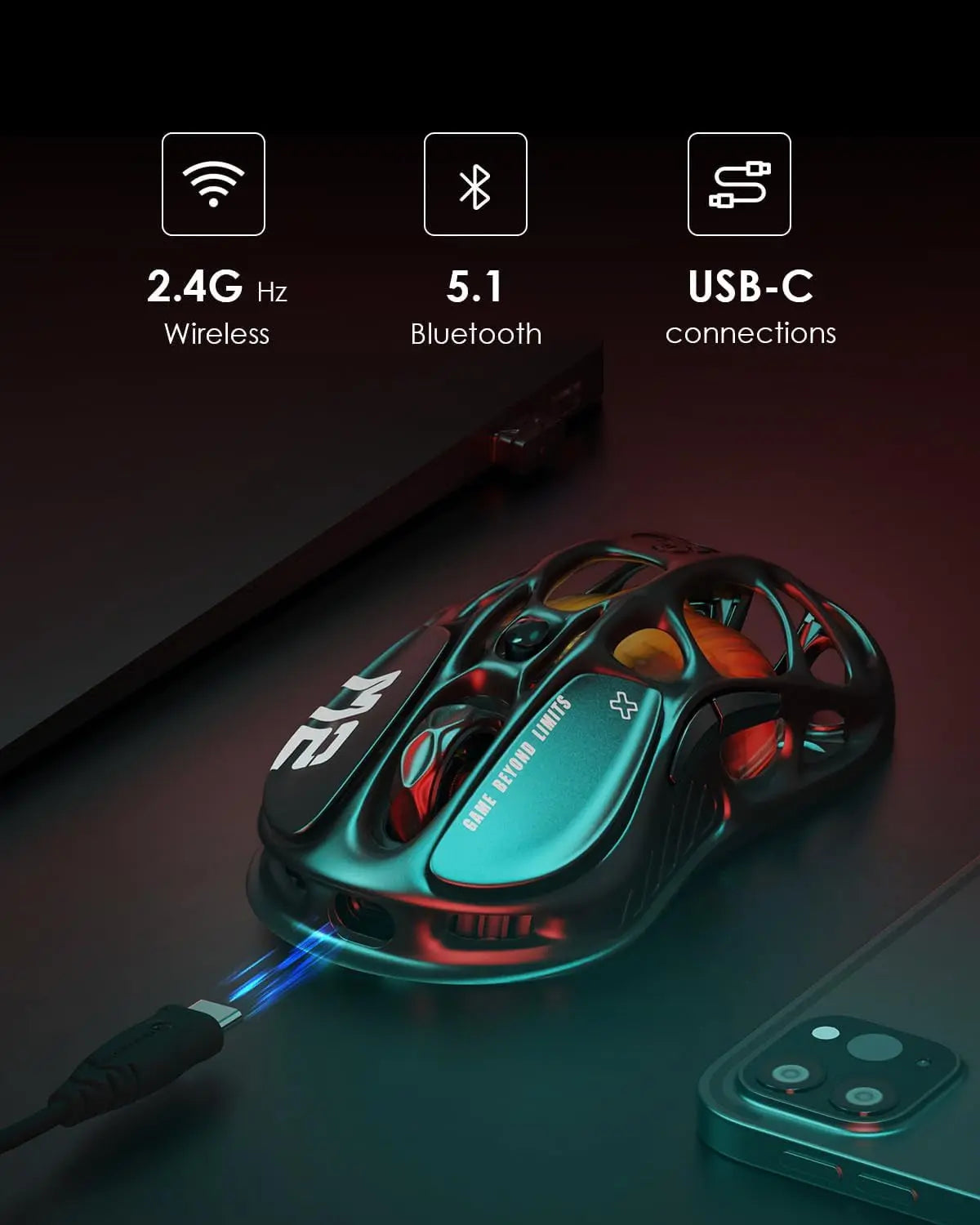 Mercury M2 Wireless Gaming Mouse with 26,000 DPI, PAW3395DM Sensor -79G Lightweight Hollowed-Out Design -5 Programmable Buttons -5 Dynamic Lightsync RGB