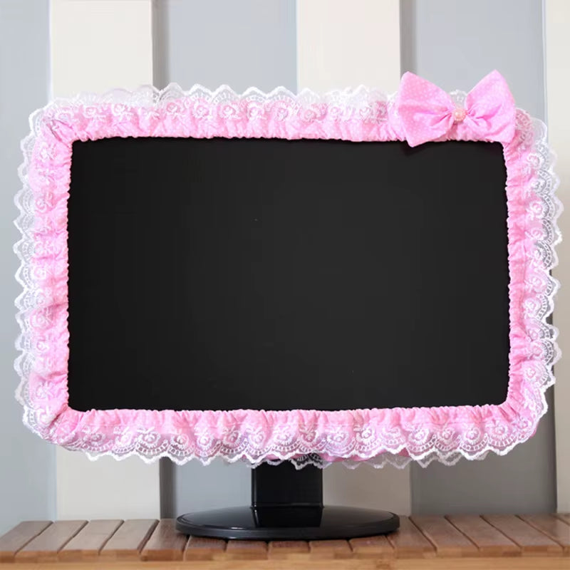 Lace Fabric Computer Monitor Dust Cover with Elastic Fit, Decorative Screen Cover with Pen Pocket and Bow, for 17 to 32 Inch Monitors and Laptop