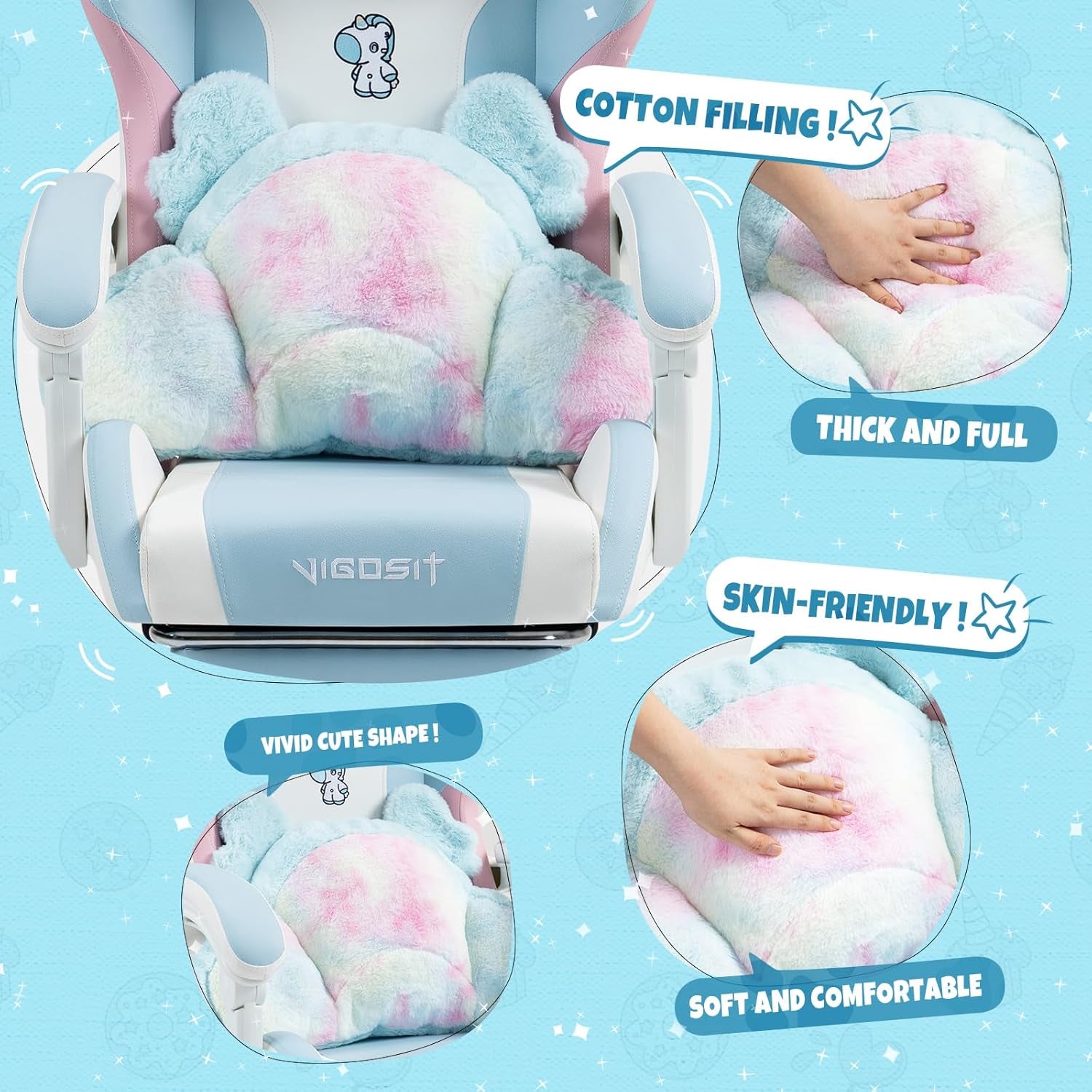Vlgoslt Cat Ear Gaming Chair with Footrest - Adjustable Lumbar Support, 310Lbs Capacity.Removable Cute Ears, Cotton-Filled Ergonomic Computer Chair for Girls/Teens (Blue Pink)