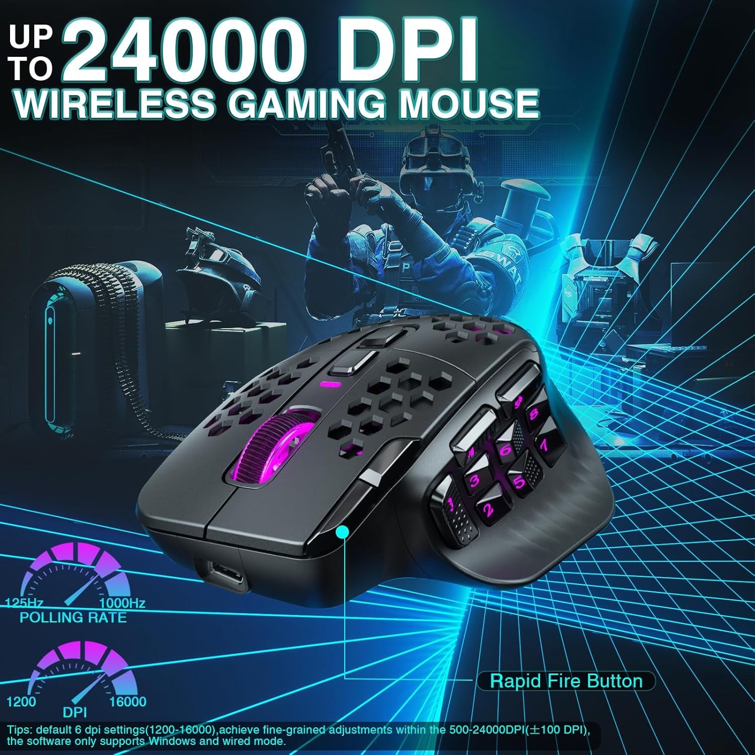 SM809 Pro Gaming Mouse with 9 Side Buttons, 24000 DPI, Triple-Mode Wireless, Black