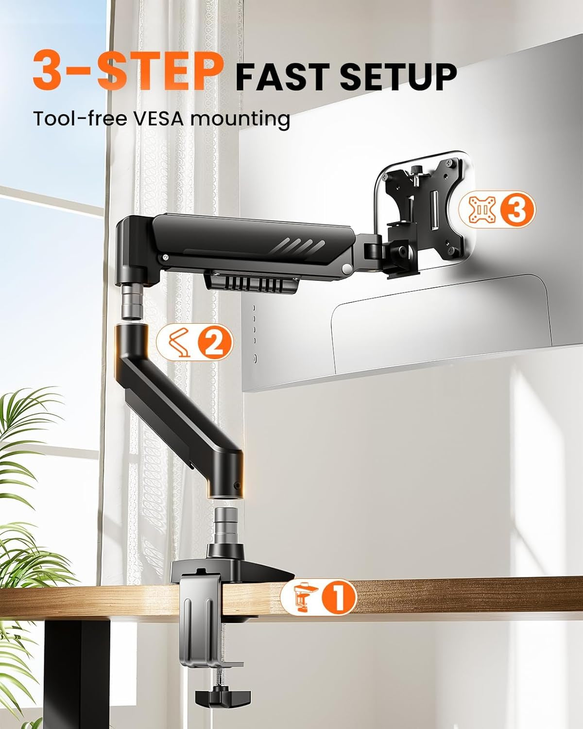 Single Monitor Arm, Fully Adjustable Monitor Mount for 13–34 Inch Screens, Fast Install Computer Monitor Stand with Tool-Free VESA Mount, Cable Management, Holds 19.8 Lbs, Max VESA 100X100Mm