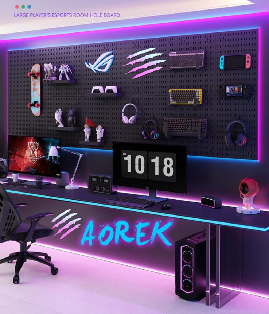 Peg Board with RGB+IC LED Strip Lights,2Pcs Metal Pegboard Panels,Heavy Duty Pegboard Gaming Room Wall Organizer with Hooks,Diy RGB Gaming Setup Organizer Peg Board Wall Mounted 12 * 24”