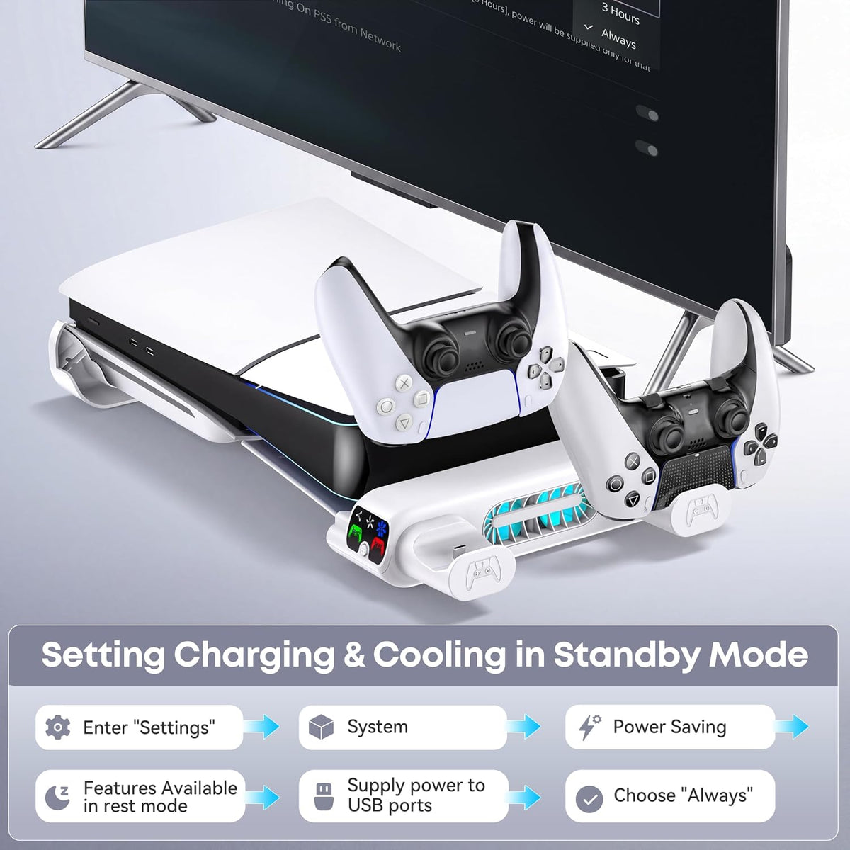 Tokluck PS5 Slim & PS5 Pro Horizontal Cooling Stand, Dual Controller Charger, 3-Speed RGB Fans, White