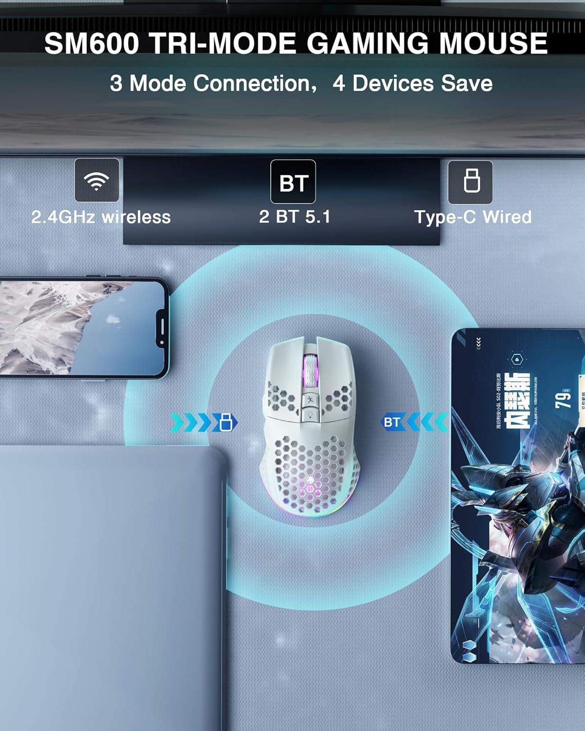 SM600 White Wireless Gaming Mouse, Tri-Mode Connection for PC, Laptop, and Mac