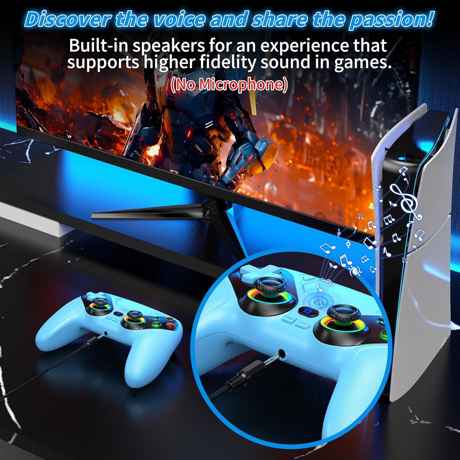 RGB Wireless Controller for Ps5/Playstation 5 PC, Bluetooth Controller with Turbo, Macro, Dynamic Vibration, 6-Axis Motion Control, 3.5Mm Audio Jack, 1000Mah Battery, Speaker - Blue