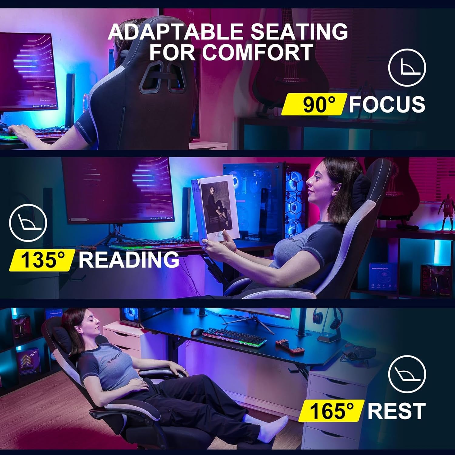 Gaming Chair, Computer Office Chair with Pocket Spring Cushion, Linkage Armrests and Footrest, High Back Ergonomic Computer Chair with Lumbar Support Task Chair with Footrest(Black)