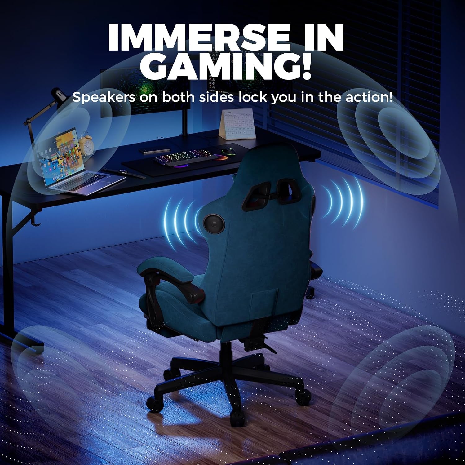 ACE-PRO Music Gaming Chairs – Built-In Speakers, App Support & Bluetooth Control, Computer Game Chairs with Footrest for Adults, Ergonomic Reclining Silla, Linkage Armrest, Blue 【Velvet】