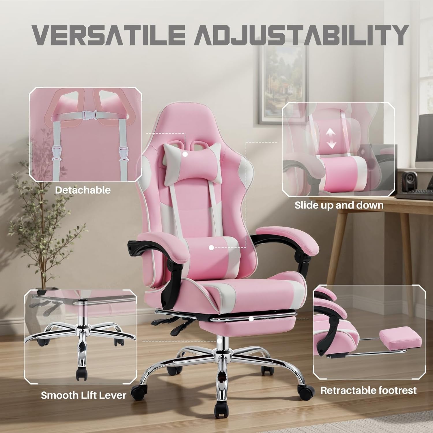Ergonomic Gaming Office Desk Chair with Footrest and Headrest for Adults, PU Leather Video Computer Chair with Linkage Armrests, Height Adjustable 360° Swivel Recling Chair, White Pink