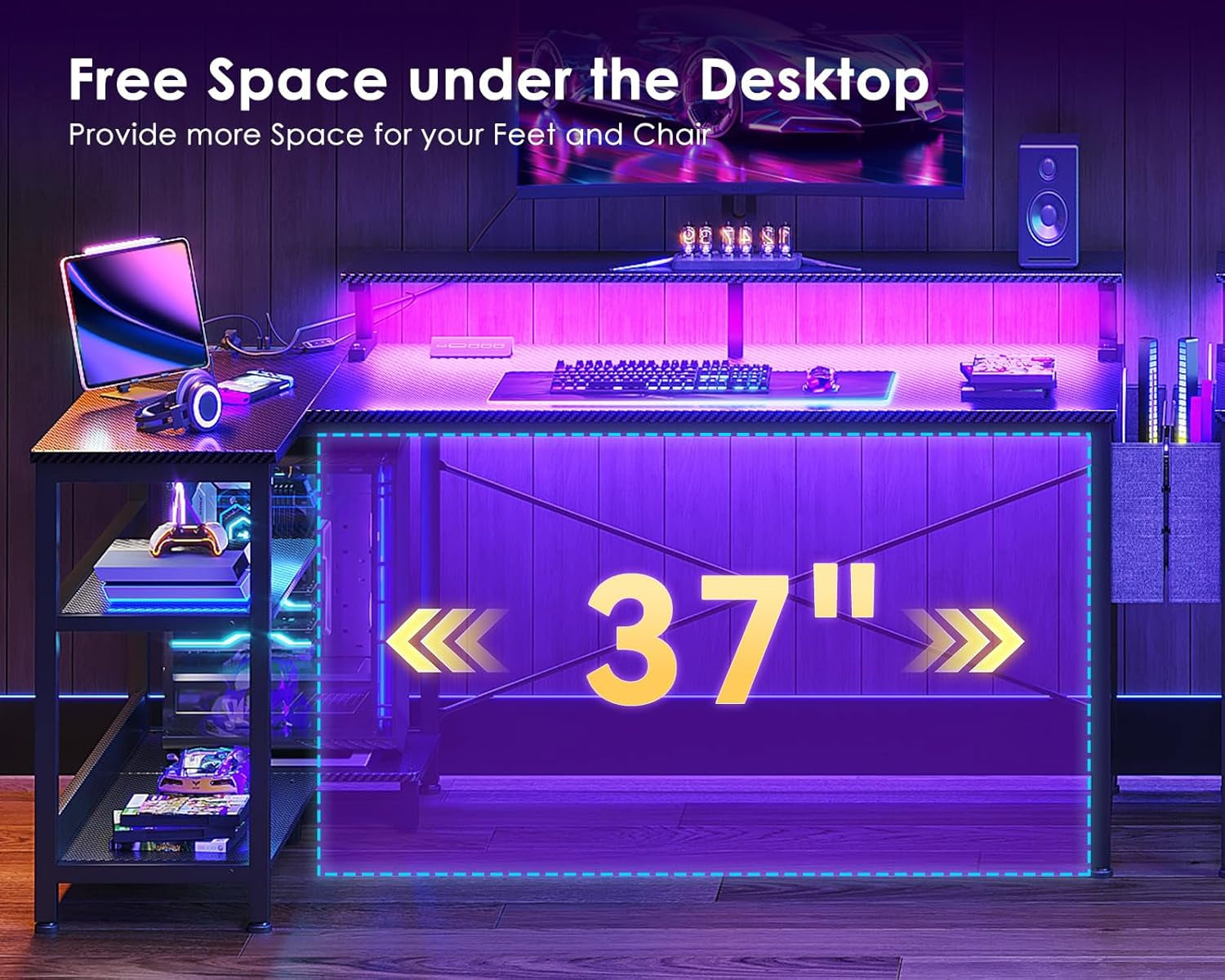 48 Inch Gaming Desk with LED Lights and USB Charging Ports, Reversible L Shaped Computer Desk with Monitor Stand, Storage Shelves, and Power Outlets, Corner Gaming Desk, Black