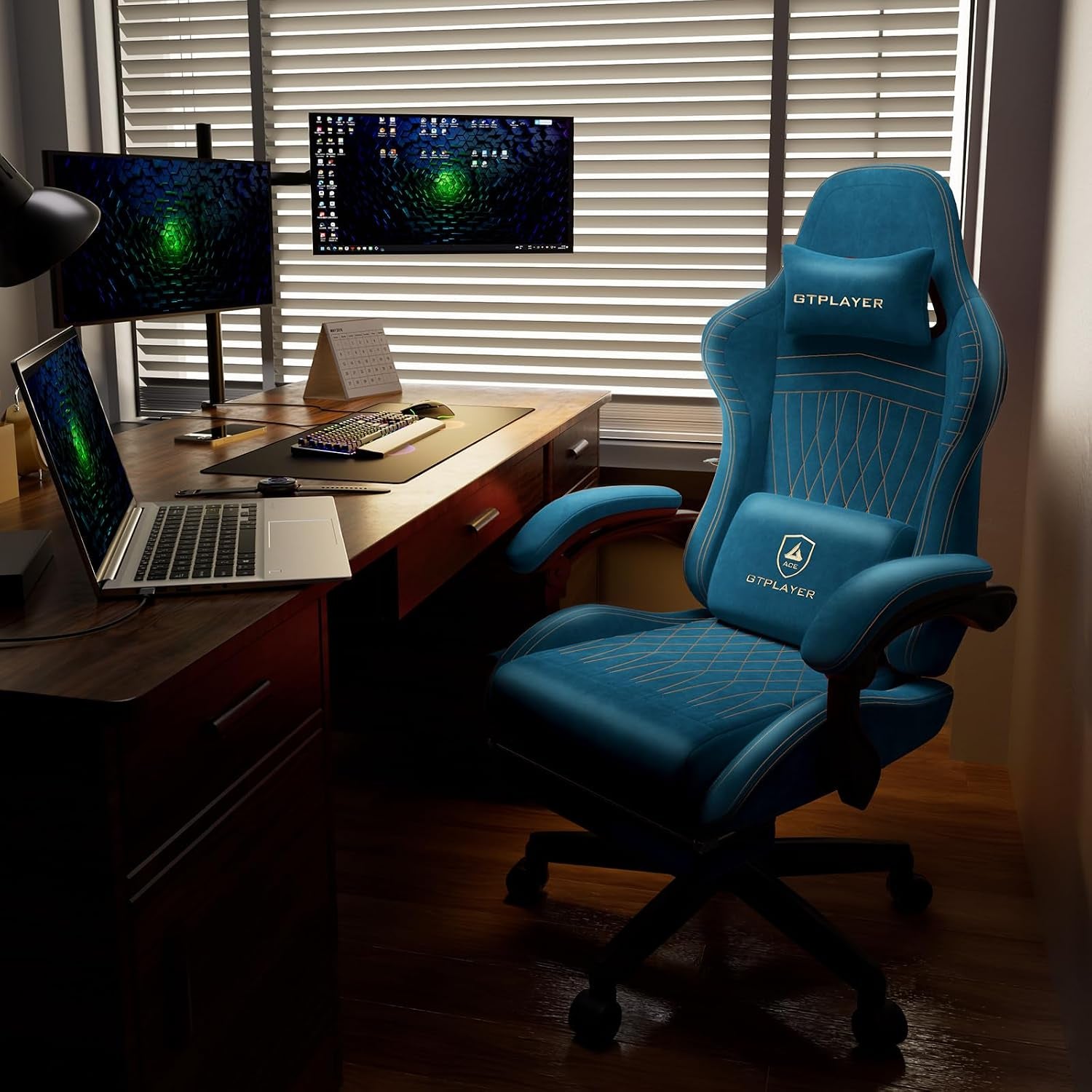 ACE-PRO Music Gaming Chairs – Built-In Speakers, App Support & Bluetooth Control, Computer Game Chairs with Footrest for Adults, Ergonomic Reclining Silla, Linkage Armrest, Blue 【Velvet】