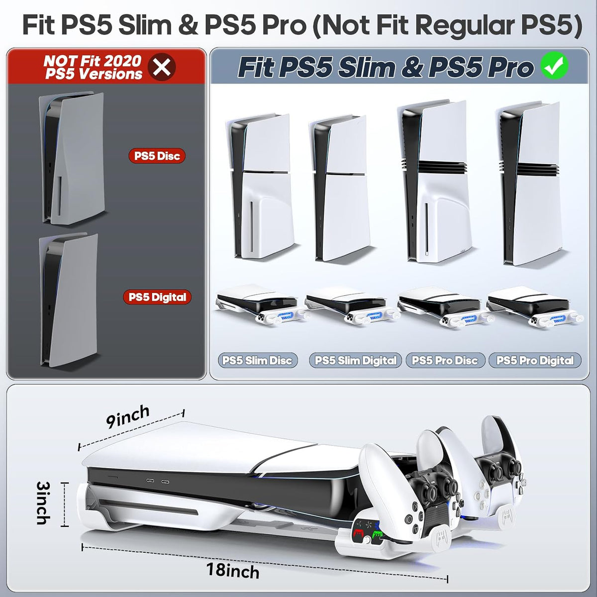 Tokluck PS5 Slim & PS5 Pro Horizontal Cooling Stand, Dual Controller Charger, 3-Speed RGB Fans, White