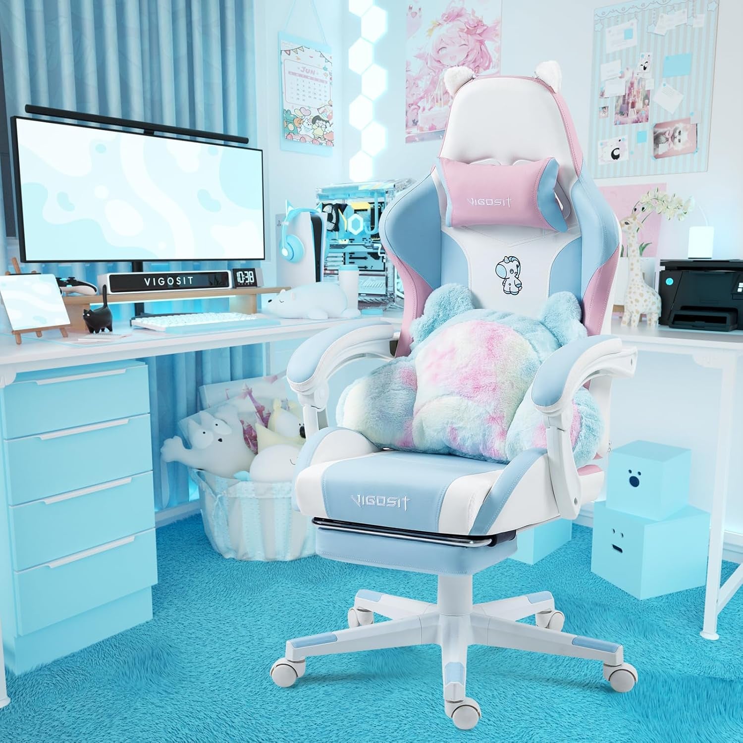 VIGOSIT Cat Ear Gaming Chair with Footrest – Blue and Pink