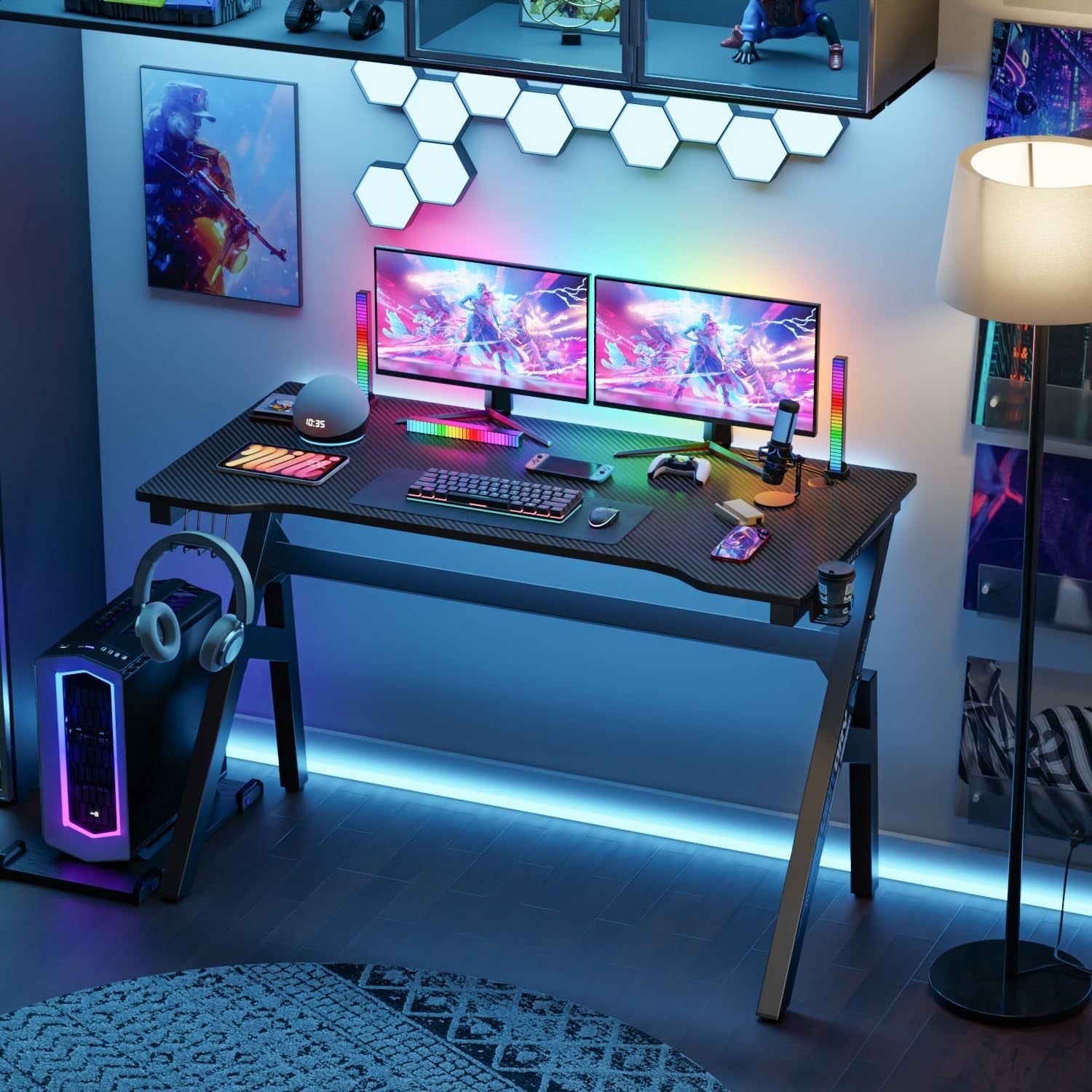 47 Inch Gaming Desk, Carbon Fiber Computer Desk with Steel Frame, Cup Holder and Headphone Hook, Cable Management Holes, Adjustable Leg Pads, Black and Blue SEO-Optimized Description