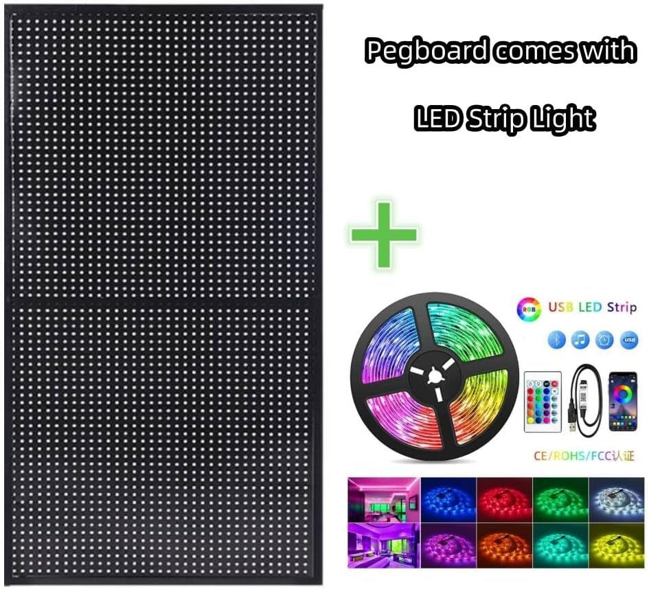 Peg Board with RGB+IC LED Strip Lights,2Pcs Metal Pegboard Panels,Heavy Duty Pegboard Gaming Room Wall Organizer with Hooks,Diy RGB Gaming Setup Organizer Peg Board Wall Mounted 12 * 24”