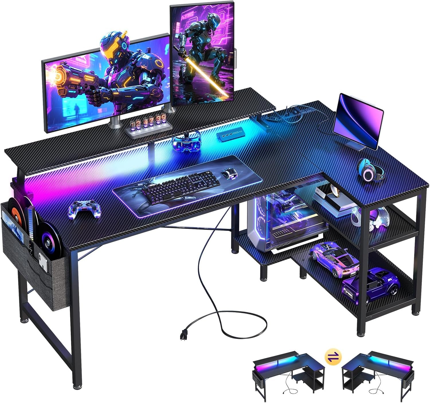 48 Inch Gaming Desk with LED Lights and USB Charging Ports, Reversible L Shaped Computer Desk with Monitor Stand, Storage Shelves, and Power Outlets, Corner Gaming Desk, Black