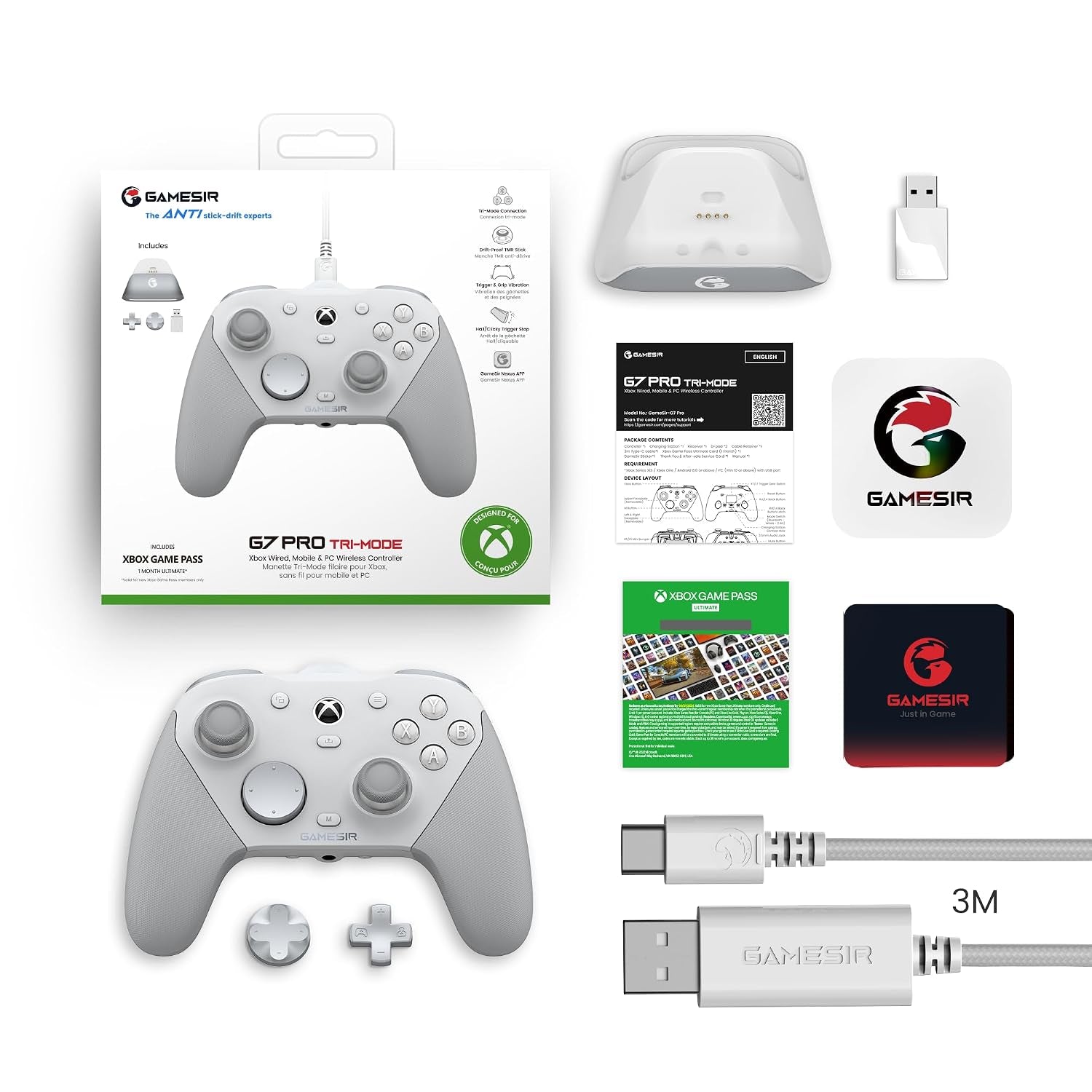 GameSir G7 Pro Xbox Controller, TMR Sticks, Hall Effect Triggers, 1000Hz, PC Wireless, White