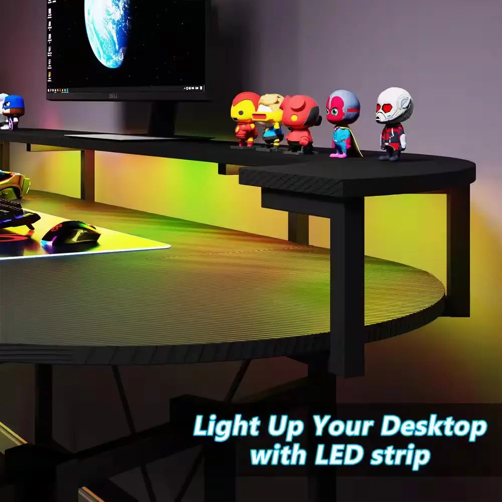 Halseey 75 In. Black Wood and Metal Computer Desk Writing Gaming Desk with Led Strip Monitor Stand