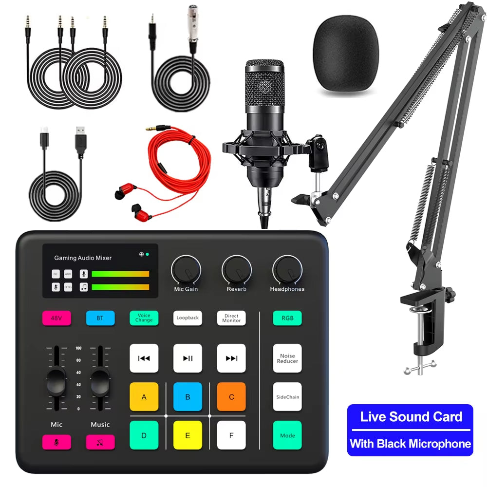 Broadcast Live Sound Card Quipment Podcast Gaming Audio Mixer with Microphone Set DJ Device for Audio Recording Live Streaming