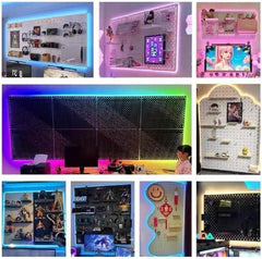 Peg Board with RGB+IC LED Strip Lights,2Pcs Metal Pegboard Panels,Heavy Duty Pegboard Gaming Room Wall Organizer with Hooks,Diy RGB Gaming Setup Organizer Peg Board Wall Mounted 12 * 24”