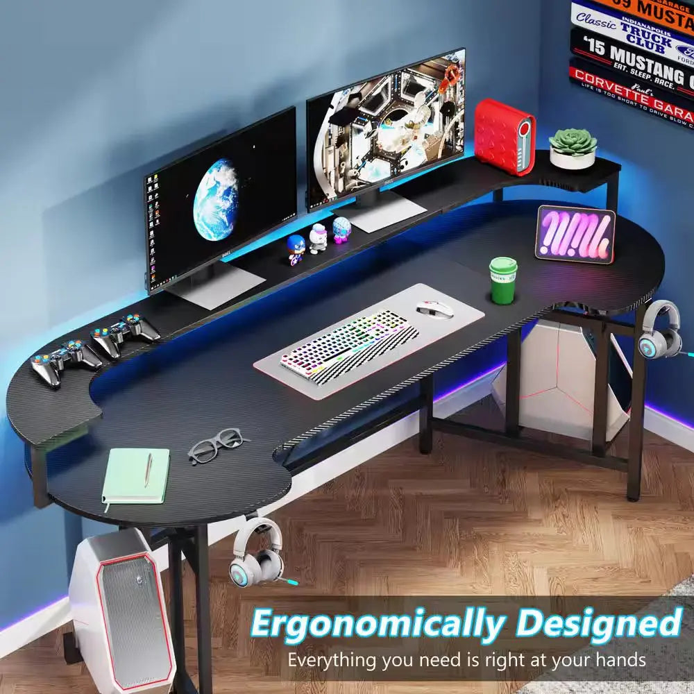 Halseey 75 In. Black Wood and Metal Computer Desk Writing Gaming Desk with Led Strip Monitor Stand
