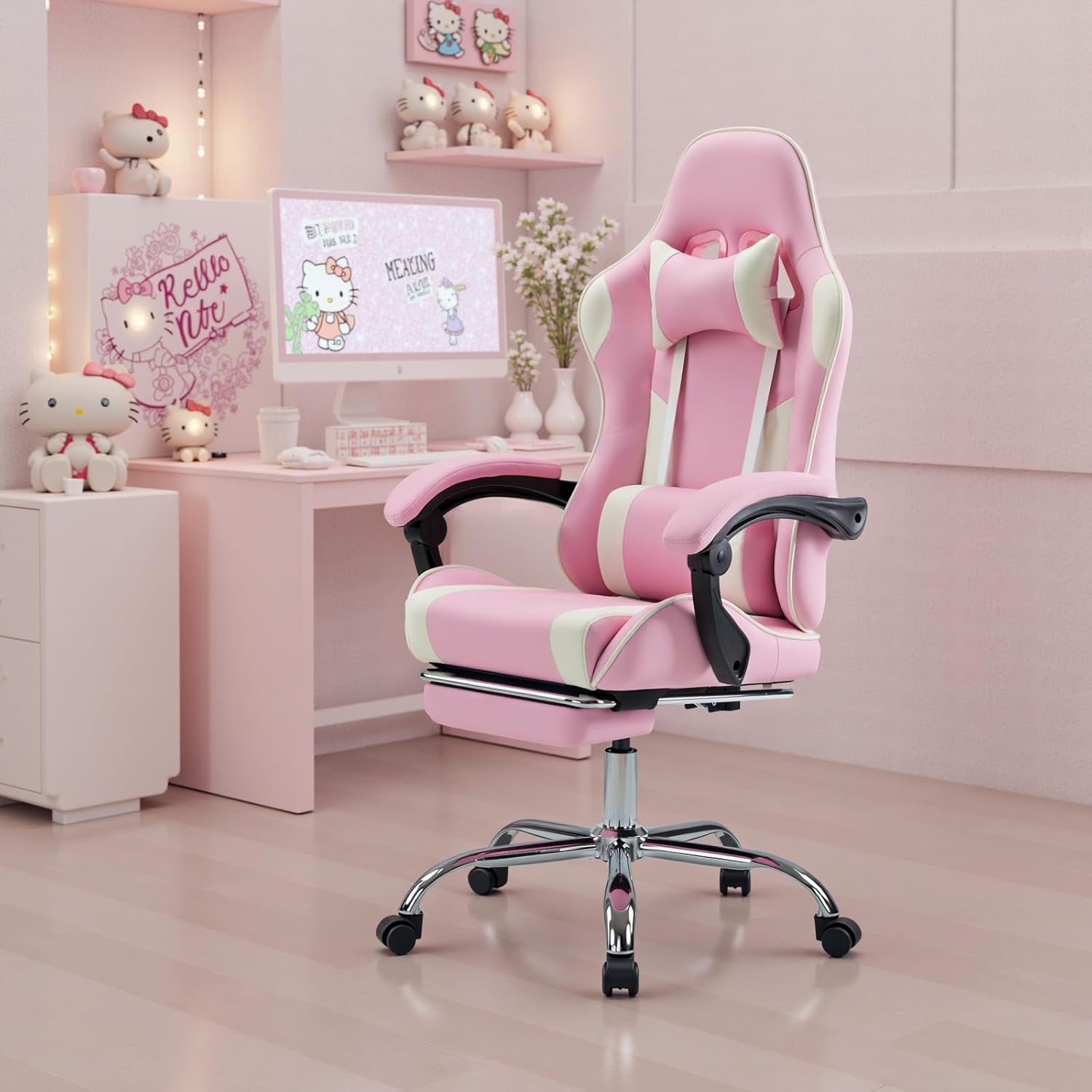 Ergonomic Gaming Office Chair with Footrest and Headrest, PU Leather Reclining Computer Chair with Linkage Armrests, Height Adjustable 360 Degree Swivel Desk Chair, White and Pink