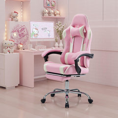 Ergonomic Gaming Office Desk Chair with Footrest and Headrest for Adults, PU Leather Video Computer Chair with Linkage Armrests, Height Adjustable 360° Swivel Recling Chair, White Pink