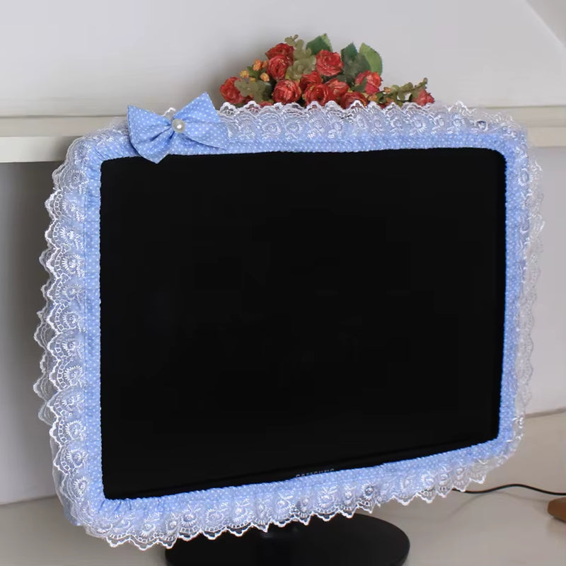 Lace Fabric Computer Monitor Dust Cover with Elastic Fit, Decorative Screen Cover with Pen Pocket and Bow, for 17 to 32 Inch Monitors and Laptop