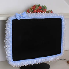 Lace Fabric Computer Frame Cover Monitor Screen Dust Cover with Elastic Pen Pocket Bow Home Decorations