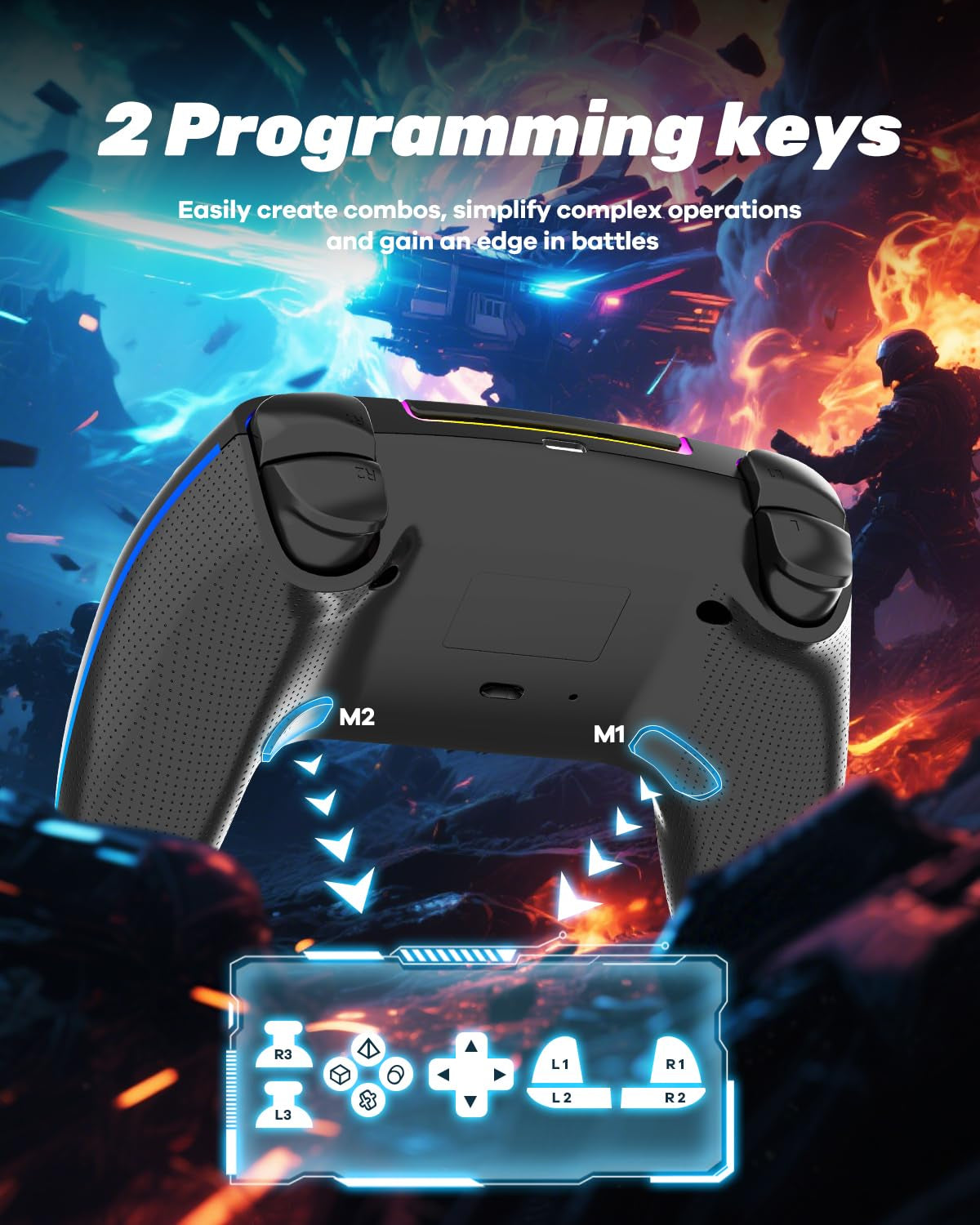 Wireless Pro Controller for PS5, PC, Mac, iOS, Android, and Steam Deck, RGB Gamepad with Hall Effect Joysticks, Dual Vibration, Turbo and Programmable Buttons, Touchpad, 3.5mm Audio Jack, 1500mAh Battery