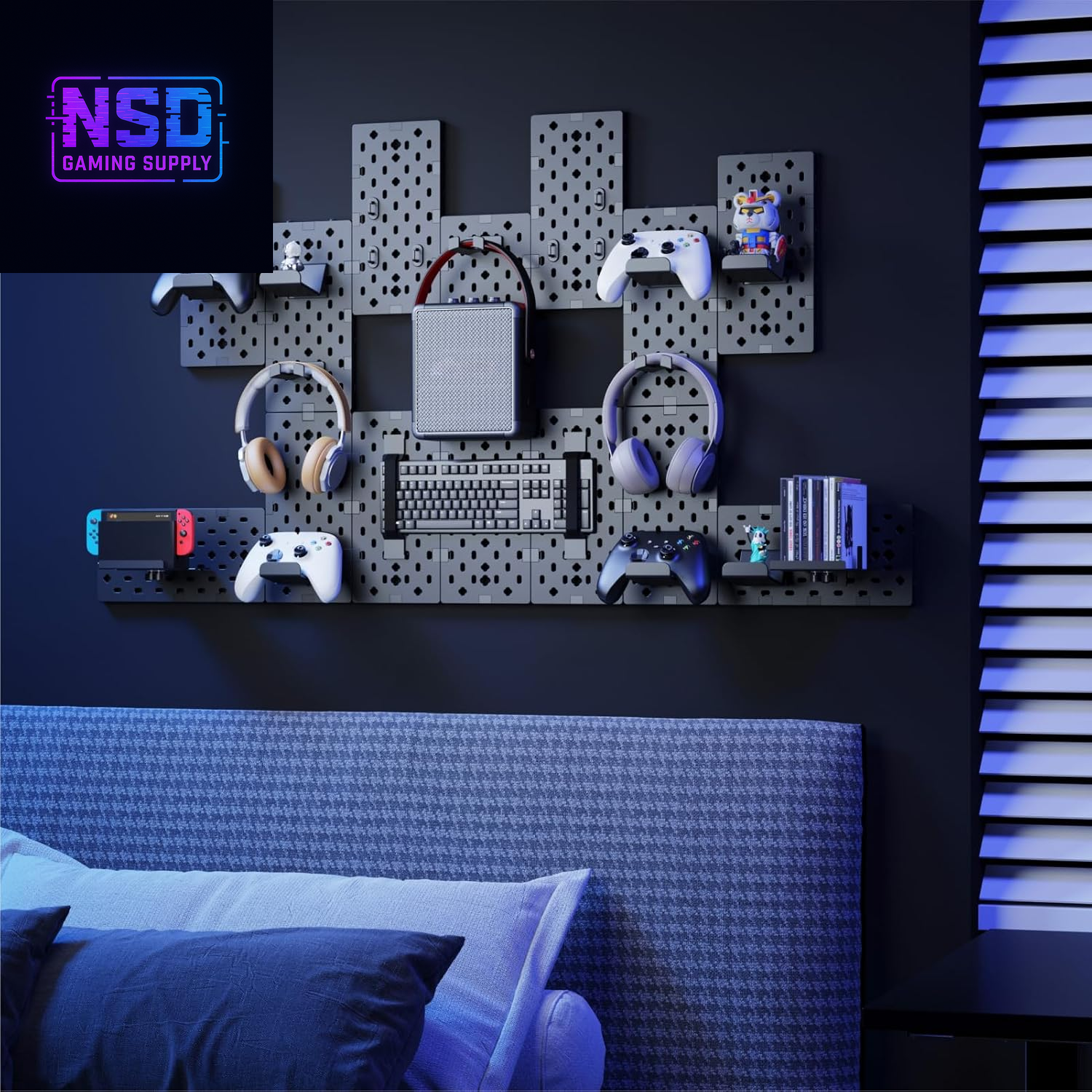 Controller & Headphone Wall Mount Organizer – Modular Pegboard System with 14 Accessories, Controller Stand for Xbox, PlayStation, Switch, and Gaming Disc Shelf