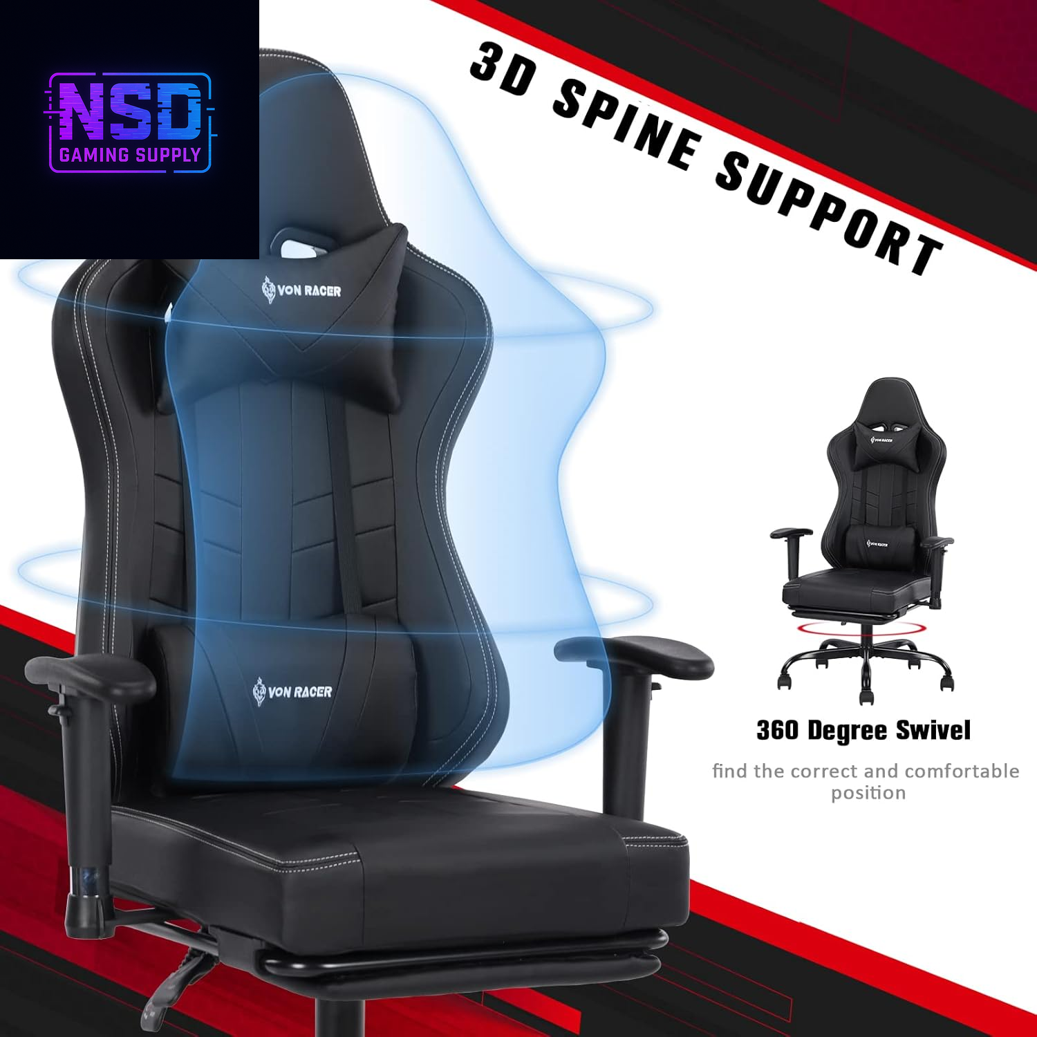 Gaming Chair Massage with Footrest Gamer Chair Ergonomic Gaming Chair for Adults Video Game Chair with Headrest and Massage Lumbar Support Gaming Chair Adjustable Swivel (Black)