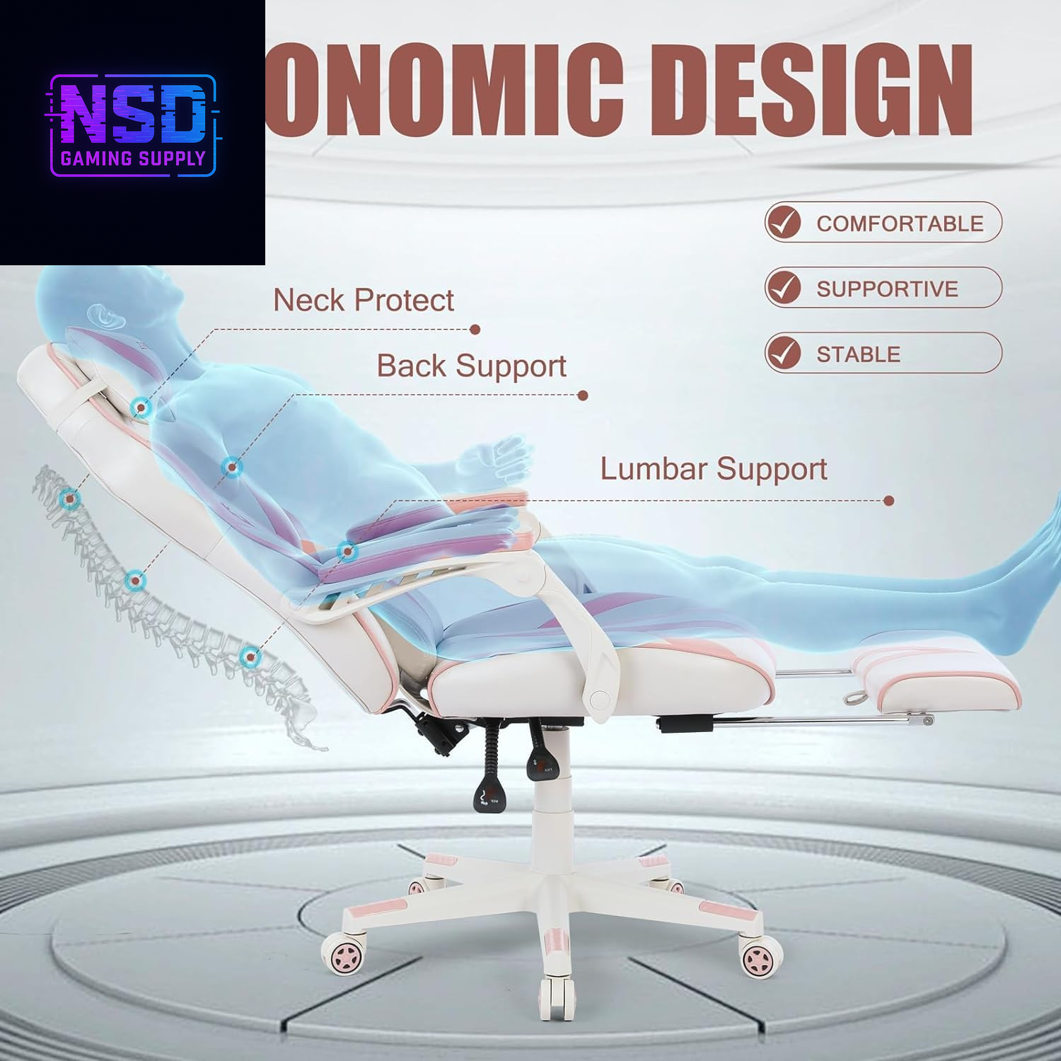 Zeanus Pink Gaming Chair with Massage & Footrest – Ergonomic Gamer Chair for Women and Adults