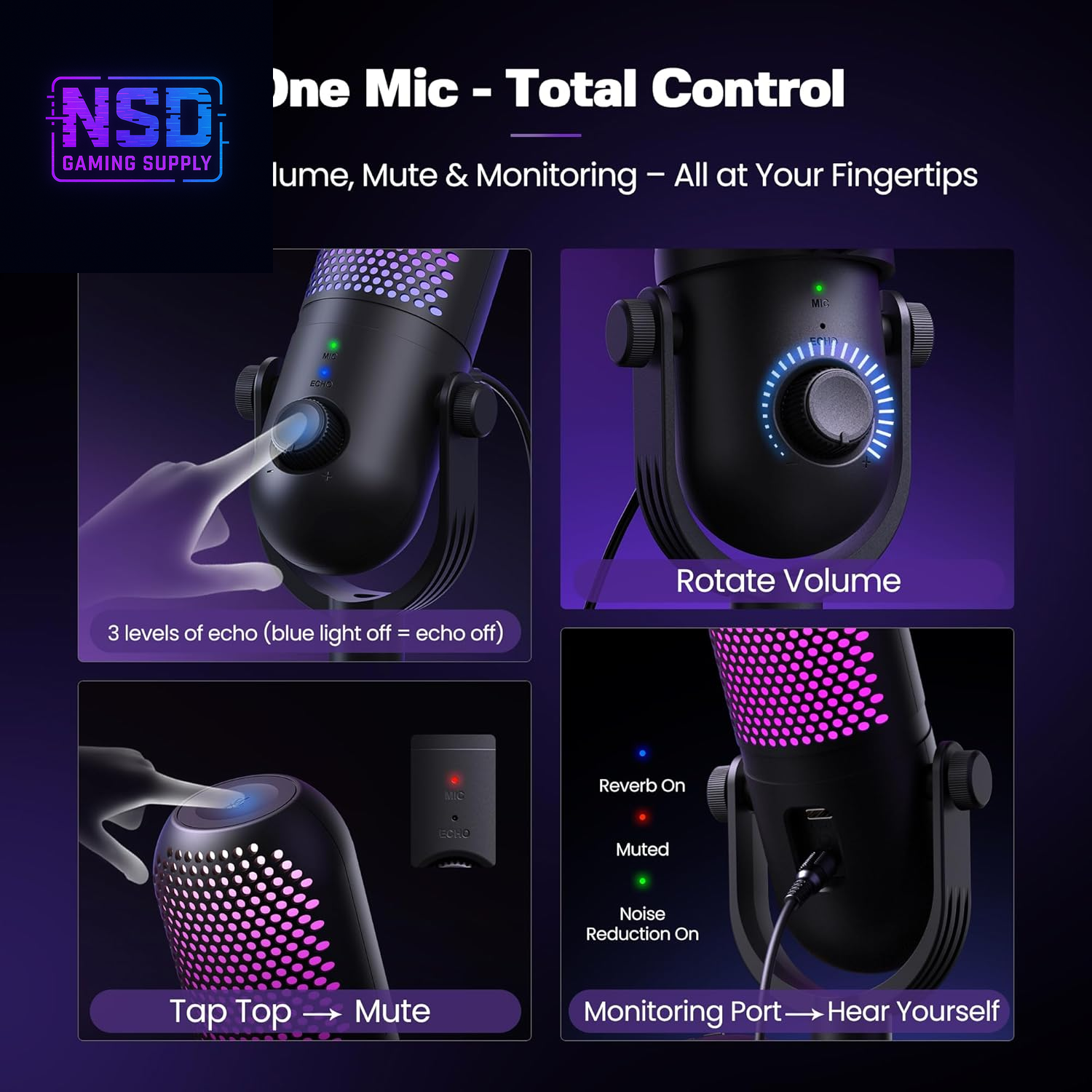 ZTD39 RGB USB Gaming Microphone – Condenser Mic with Noise Reduction, Real-Time Monitoring, Reverb Modes, Tap-to-Mute, and RGB Lighting – for PC, Laptop, PS5, Streaming, and Podcasts