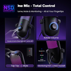 ZTD39 RGB USB Gaming Microphone – Condenser Mic with Noise Reduction, Real-Time Monitoring, Reverb Modes, Tap-to-Mute, and RGB Lighting – for PC, Laptop, PS5, Streaming, and Podcasts