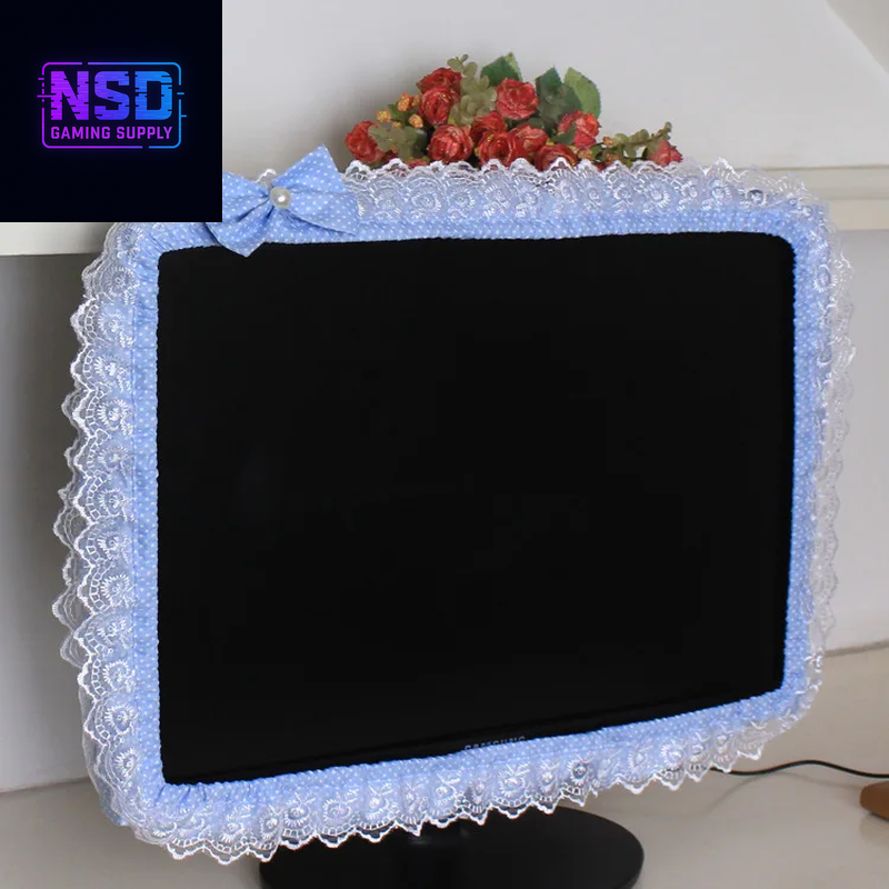 Lace Fabric Computer Frame Cover Monitor Screen Dust Cover with Elastic Pen Pocket Bow Home Decorations
