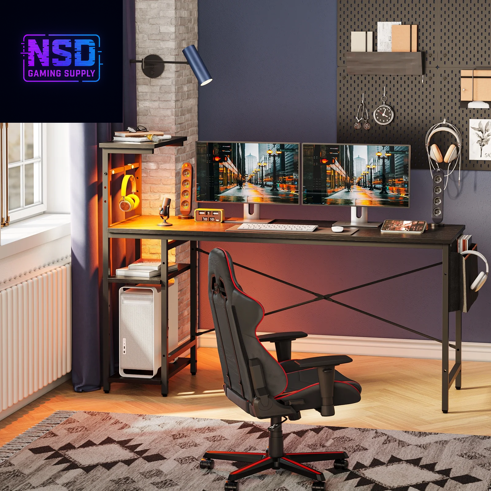 61" Reversible Gaming Desk Computer Desk with LED Lights 4 Tier Shelves Black