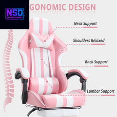 Gaming Chair Office Chair with Footrest, Ergonomic Massage Chair with Lumbar Pillow, Headrest for Adults Teens, Pink