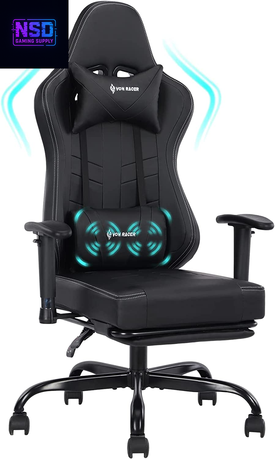 Gaming Chair Massage with Footrest Gamer Chair Ergonomic Gaming Chair for Adults Video Game Chair with Headrest and Massage Lumbar Support Gaming Chair Adjustable Swivel (Black)