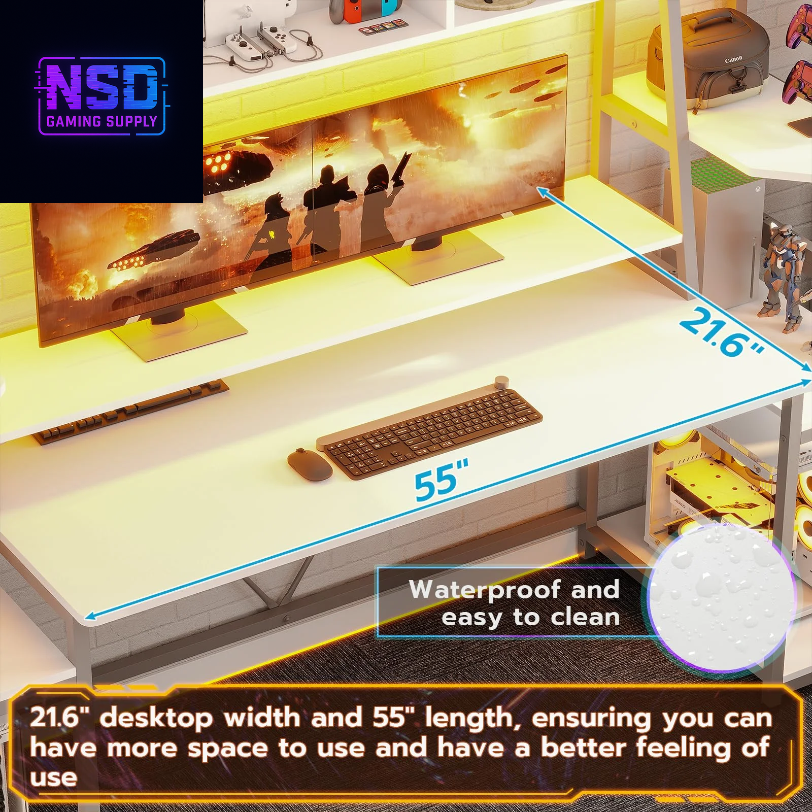 78.8-Inch Gaming Desk – LED RGB Lights, Hutch, Monitor Stand, CPU Holder & Dual Storage Shelves (White)