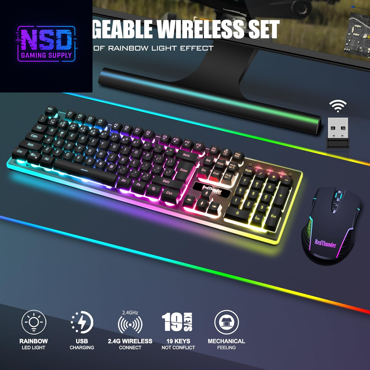 K10 Wireless Gaming Keyboard and Mouse Combo, LED Backlit Rechargeable 3800Mah Battery, Mechanical Feel Anti-Ghosting Keyboard + 7D 3200DPI Mice for PC Gamer (Black)