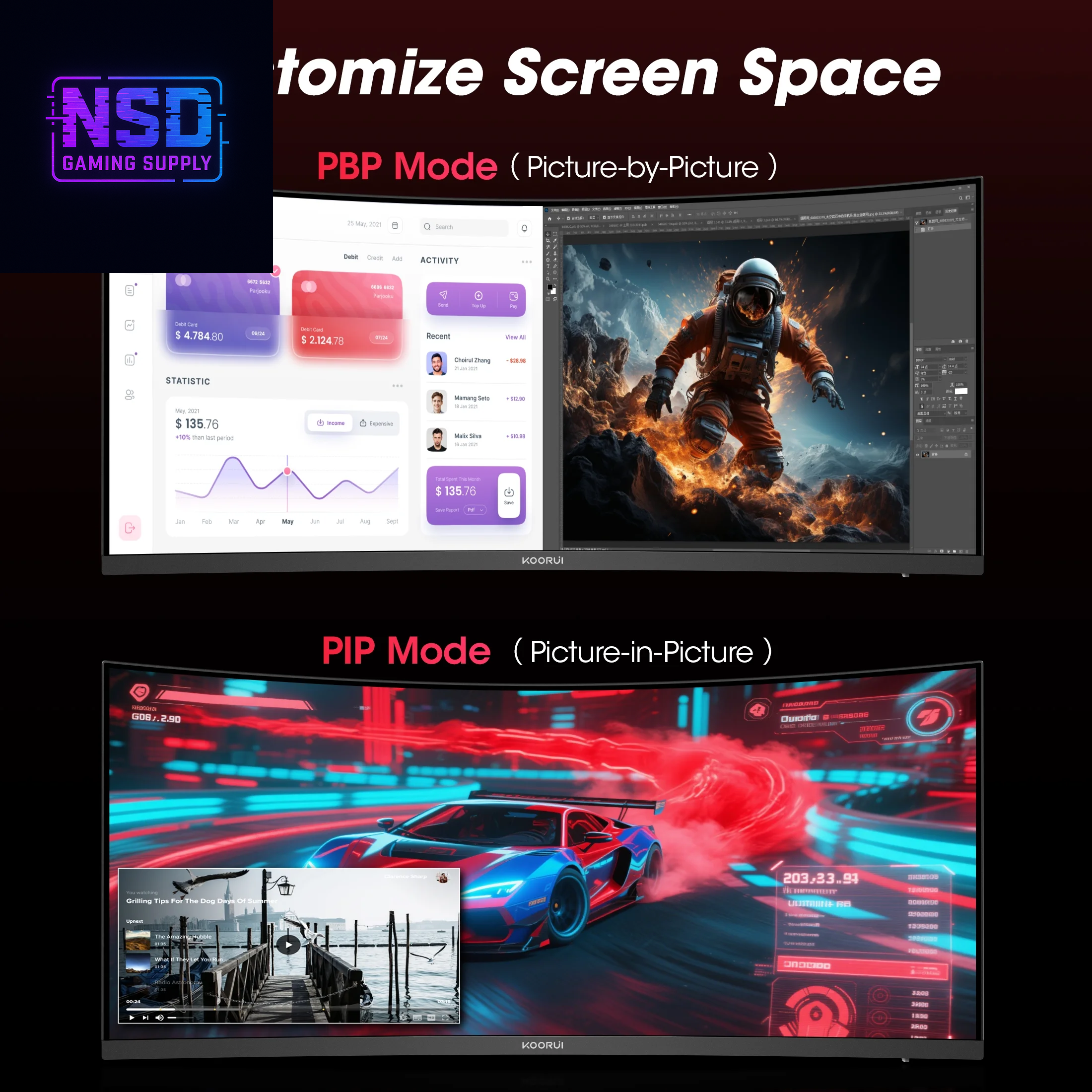 34'' WQHD Curved Gaming Monitor, 180Hz/165Hz Ultrawide Monitor, 3440×1440P 1Ms(Mprt) HDR400, Black