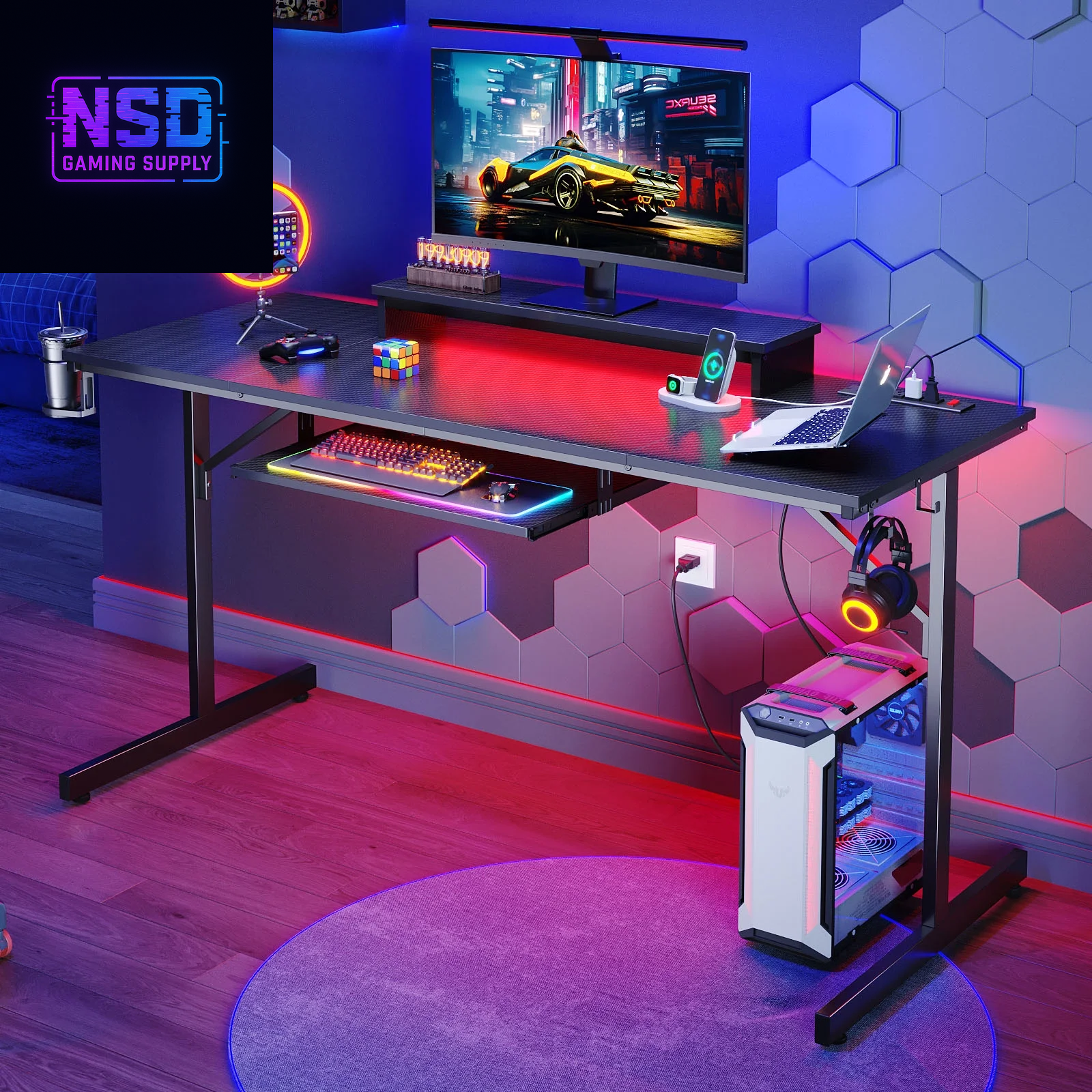 63" Gaming Desk with LED Lights & Power Outlets, Monitor Stand & Keyboard Tray for Home Office, Carbon Fiber Black