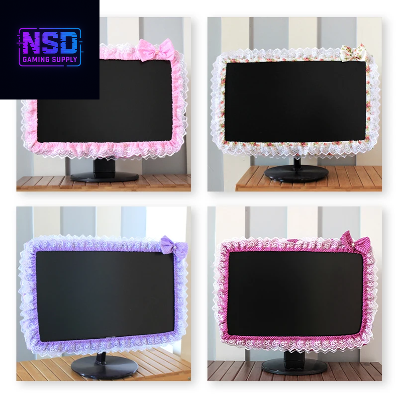 Lace Fabric Computer Frame Cover Monitor Screen Dust Cover with Elastic Pen Pocket Bow Home Decorations