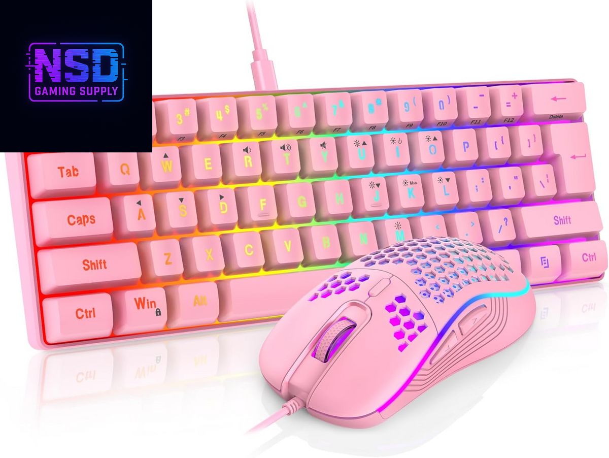 60% Gaming Keyboard and Mouse Combo, Ultra-Compact 61 Keys RGB Backlit Mini Keyboard, Lightweight 7200 DPI Honeycomb Optical Mouse, RGB Wired Gaming Set for PC MAC PS5 Xbox Gamer(Pink)