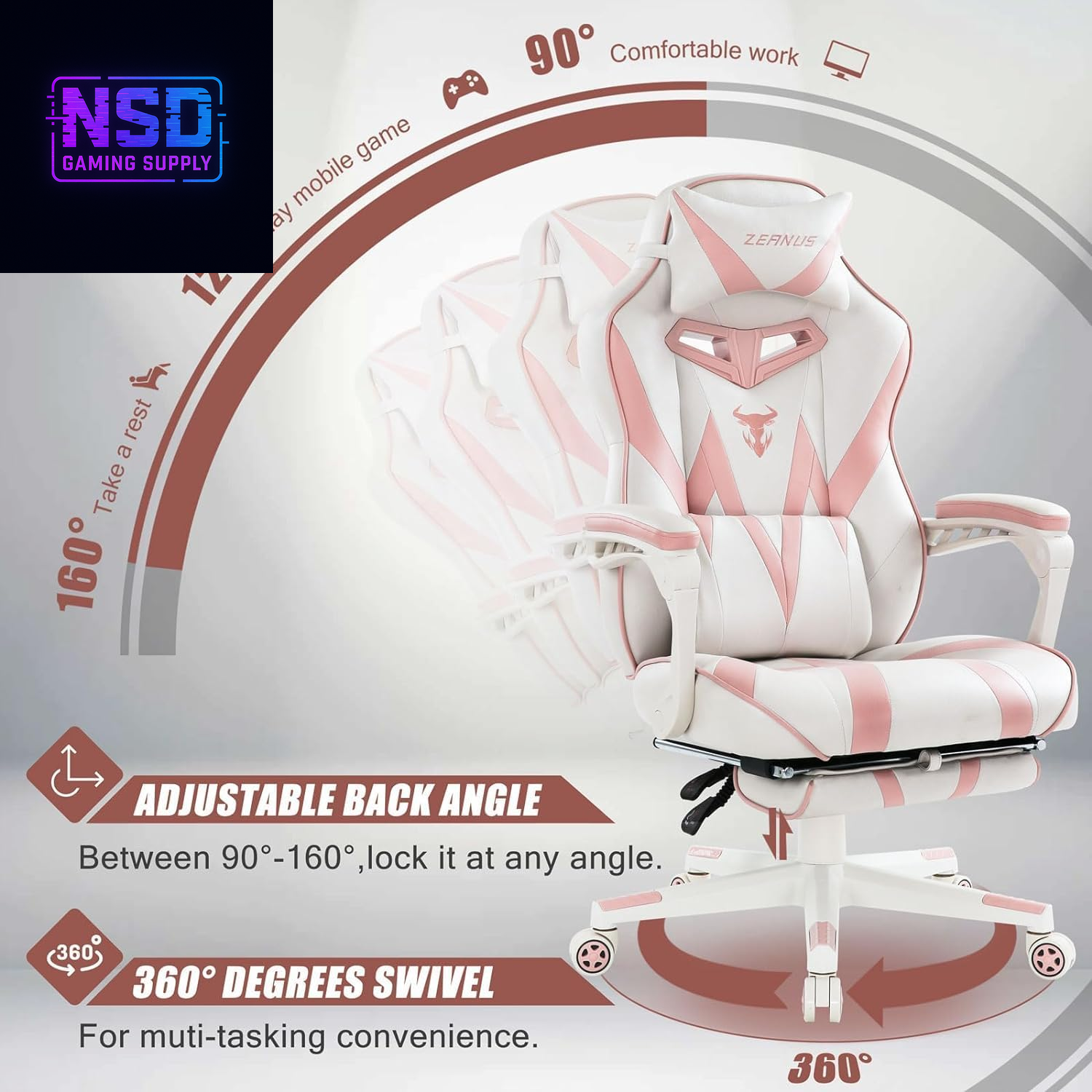 Zeanus Pink Gaming Chair with Massage & Footrest – Ergonomic Gamer Chair for Women and Adults