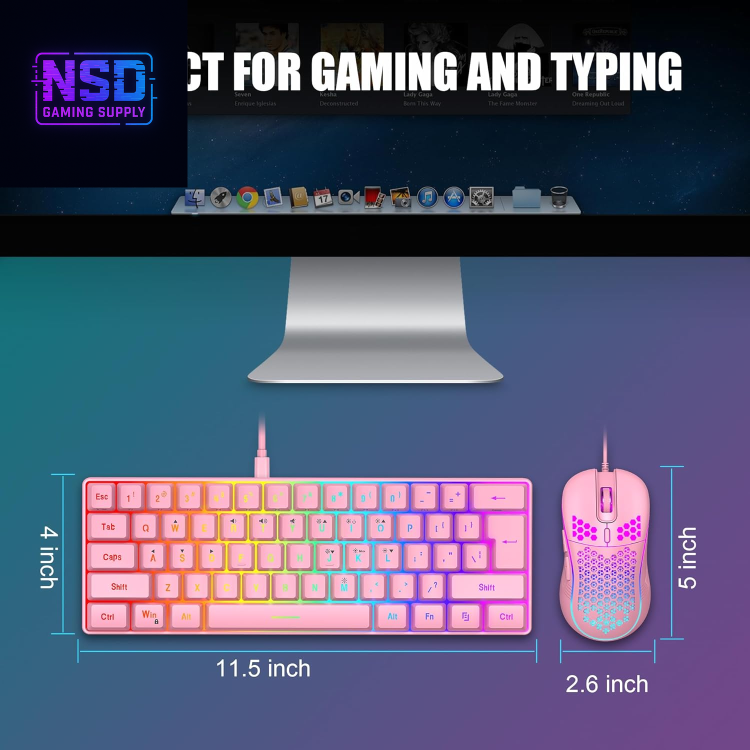 60% Gaming Keyboard and Mouse Combo, Ultra-Compact 61 Keys RGB Backlit Mini Keyboard, Lightweight 7200 DPI Honeycomb Optical Mouse, RGB Wired Gaming Set for PC MAC PS5 Xbox Gamer(Pink)